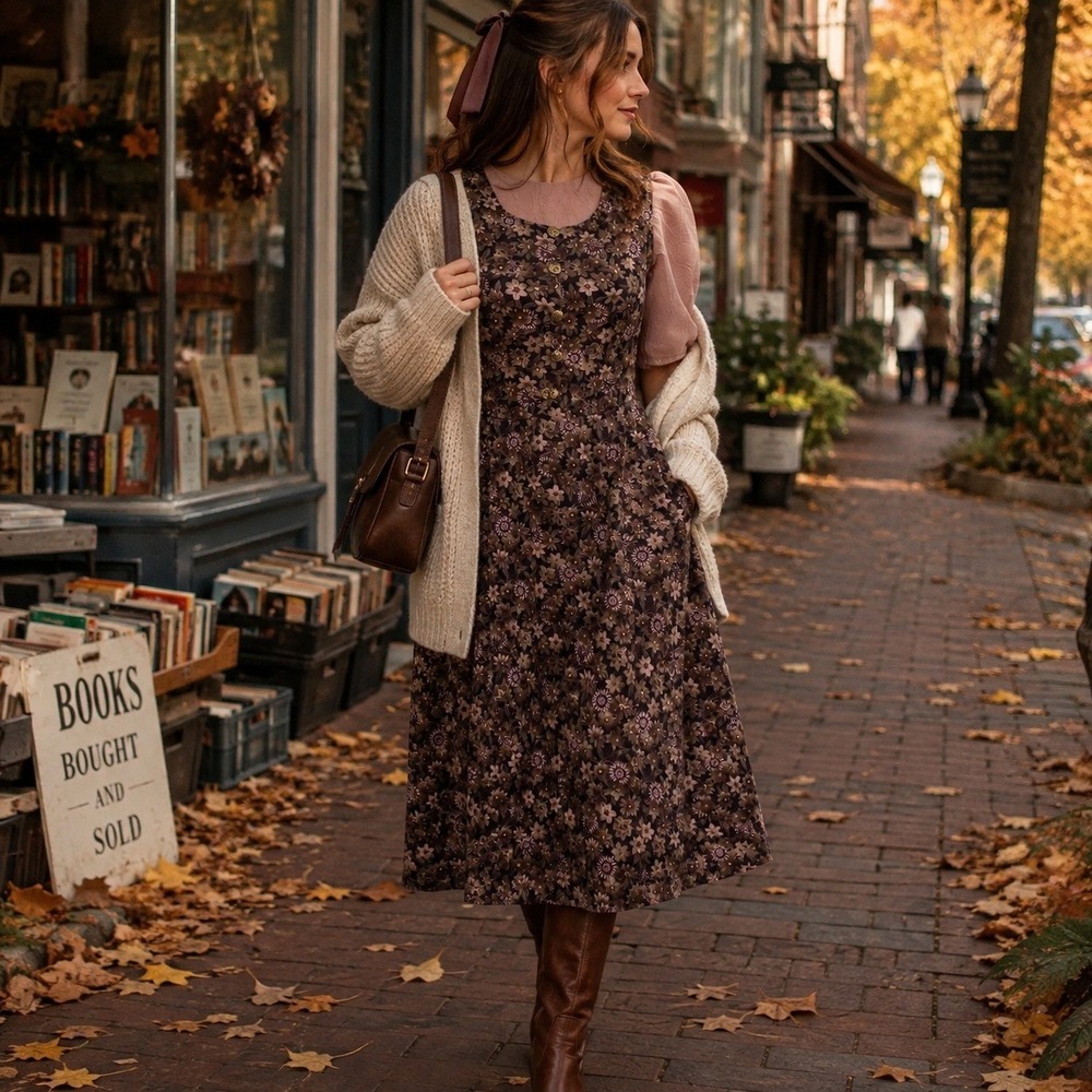 Vintage Handmade Brown Floral Prairie Dress Womens M Puff Sleeve Cottagecore